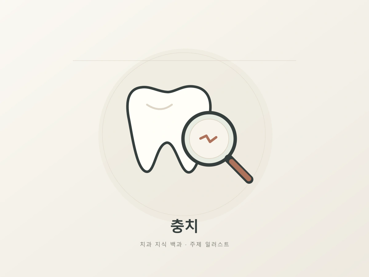 충치를 살펴보는 질문을 나타내는 치아 모형과 확대경의 상징 일러스트