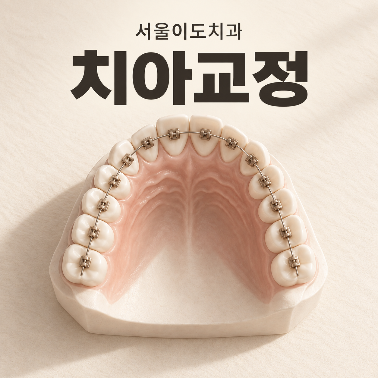 교정 장치가 부착된 치아 모형을 표현한 일러스트